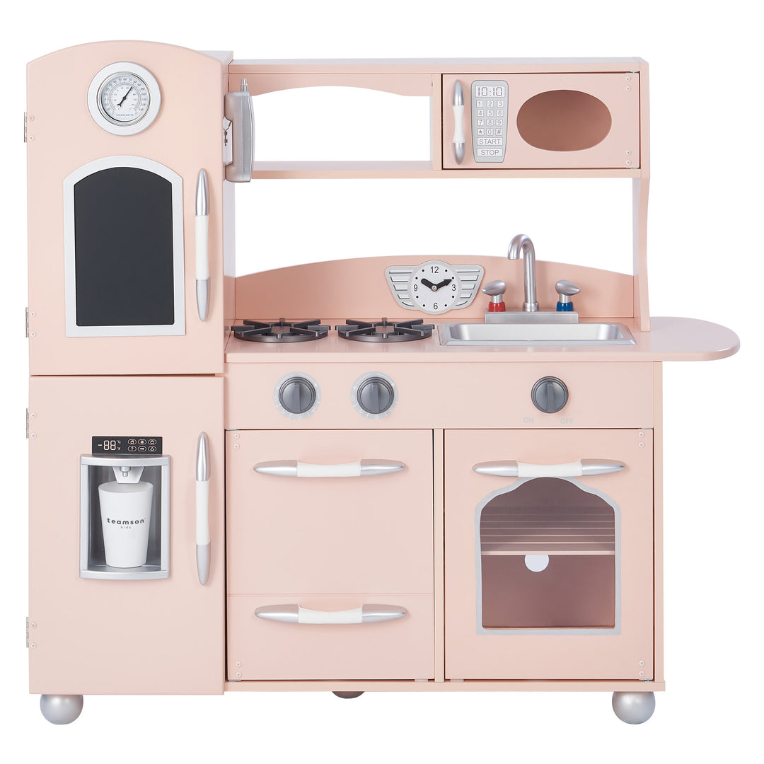 Kids Teamson Kids Little Chef Westchester Retro Play Kitchen in pastel pink with a stove, sink, microwave, toy telephone, and other interactive features.