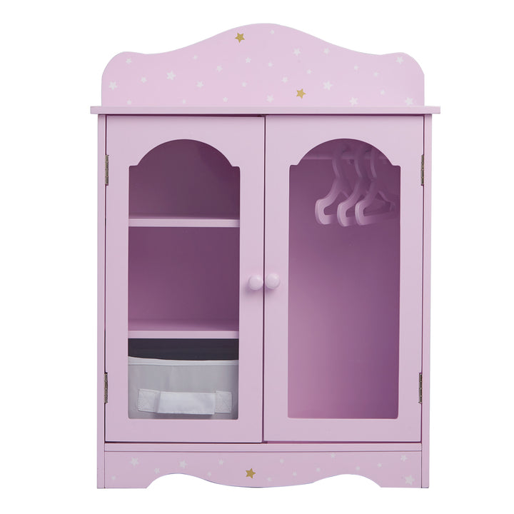 A front view of an 18" doll purple closet with white and gold stars, 3 hangers and three shelves and a canvas bin.