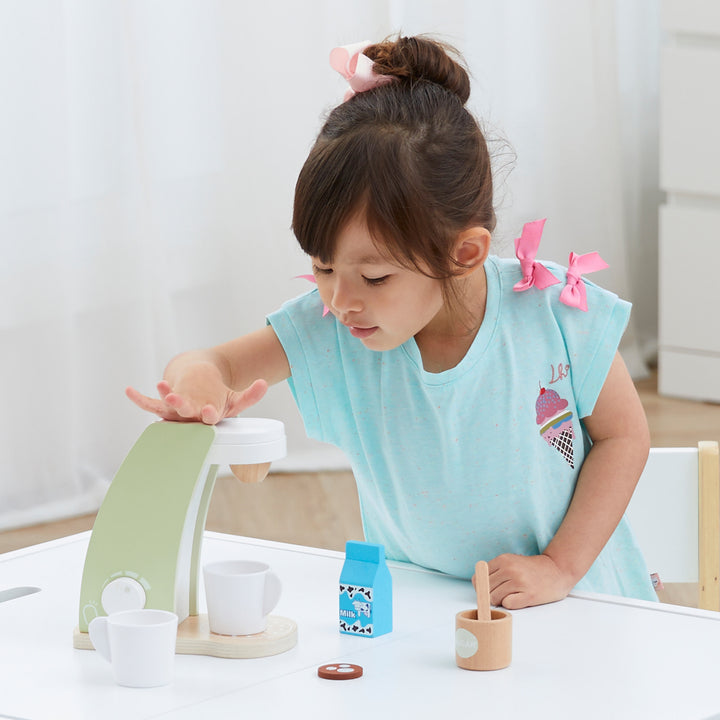 A young child plays with the Teamson Kids - Little Chef Frankfurt Wooden Coffee machine play kitchen accessories