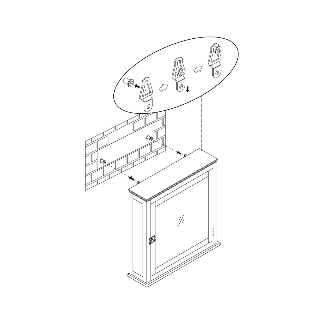 Exploded view illustration of a Teamson Home Madison Removable Wooden Medicine Cabinet with Mirrored Door, White half-mounted on a brick wall, showing the storage components and hardware for installation.