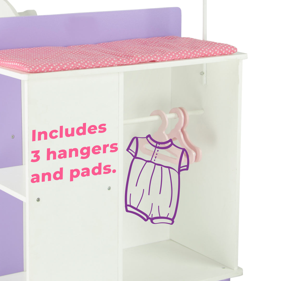 A close-up of the closet section with the three pink hangers with the caption "Includes 3 hangers and pads"