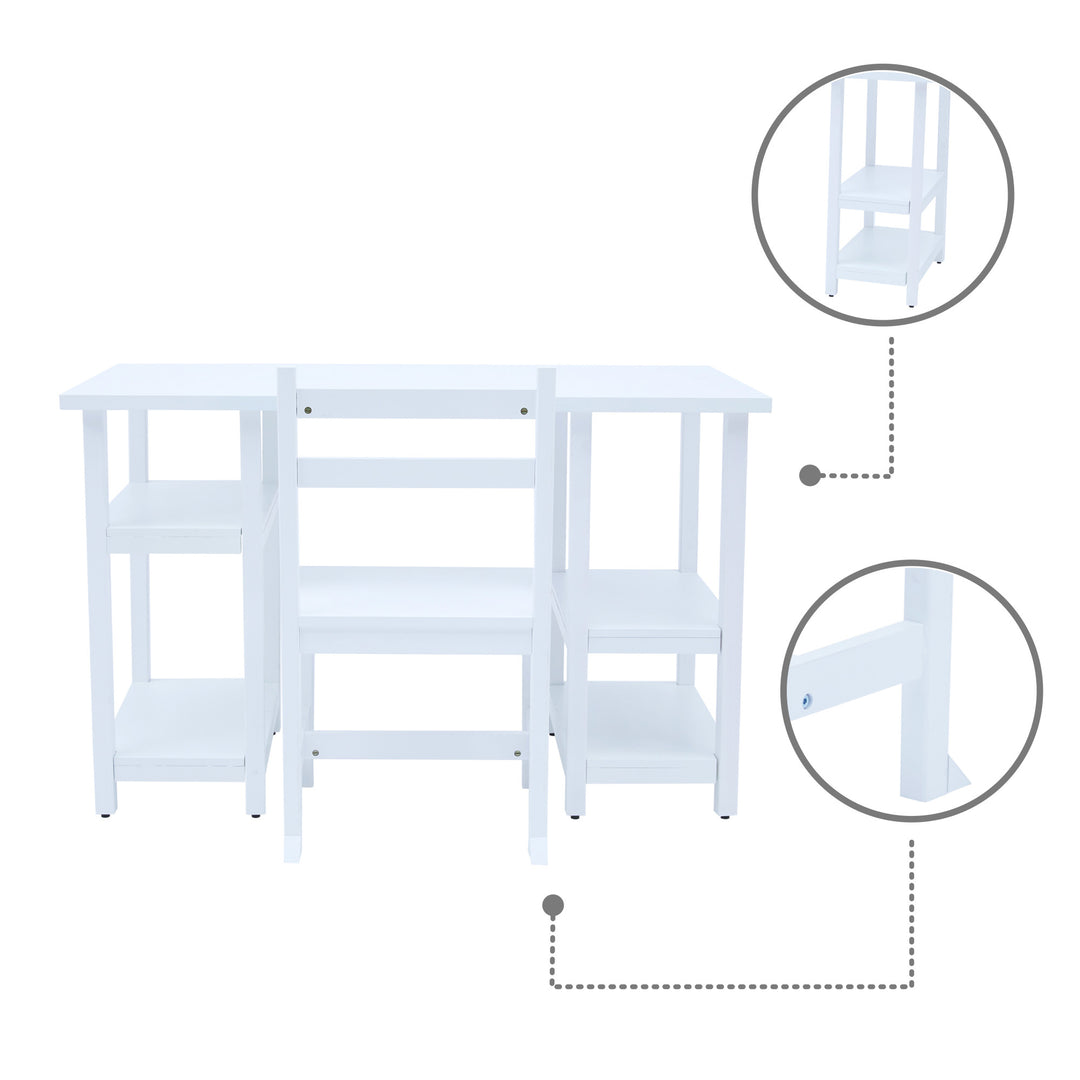 Call out graphic of a childrens white desk and chair focused on the adjustable shelves and anti-tipping feature on the chair.