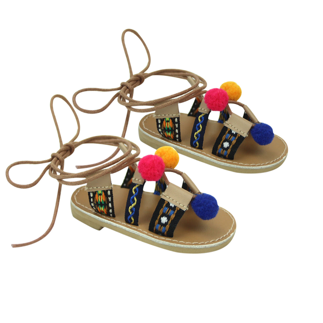 Sophia’s Gladiator-Inspired Pom-Pom Sandals with Three Boho-Patterned Straps and Long Faux Leather Laces for 18” Dolls, Tan