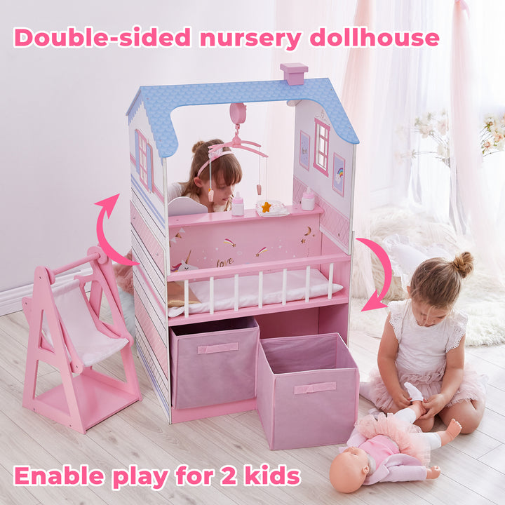 A baby doll changing station in periwinkle and pinks with captions "double-sided nursery dollhouse" and "Enable play for 2 kids"