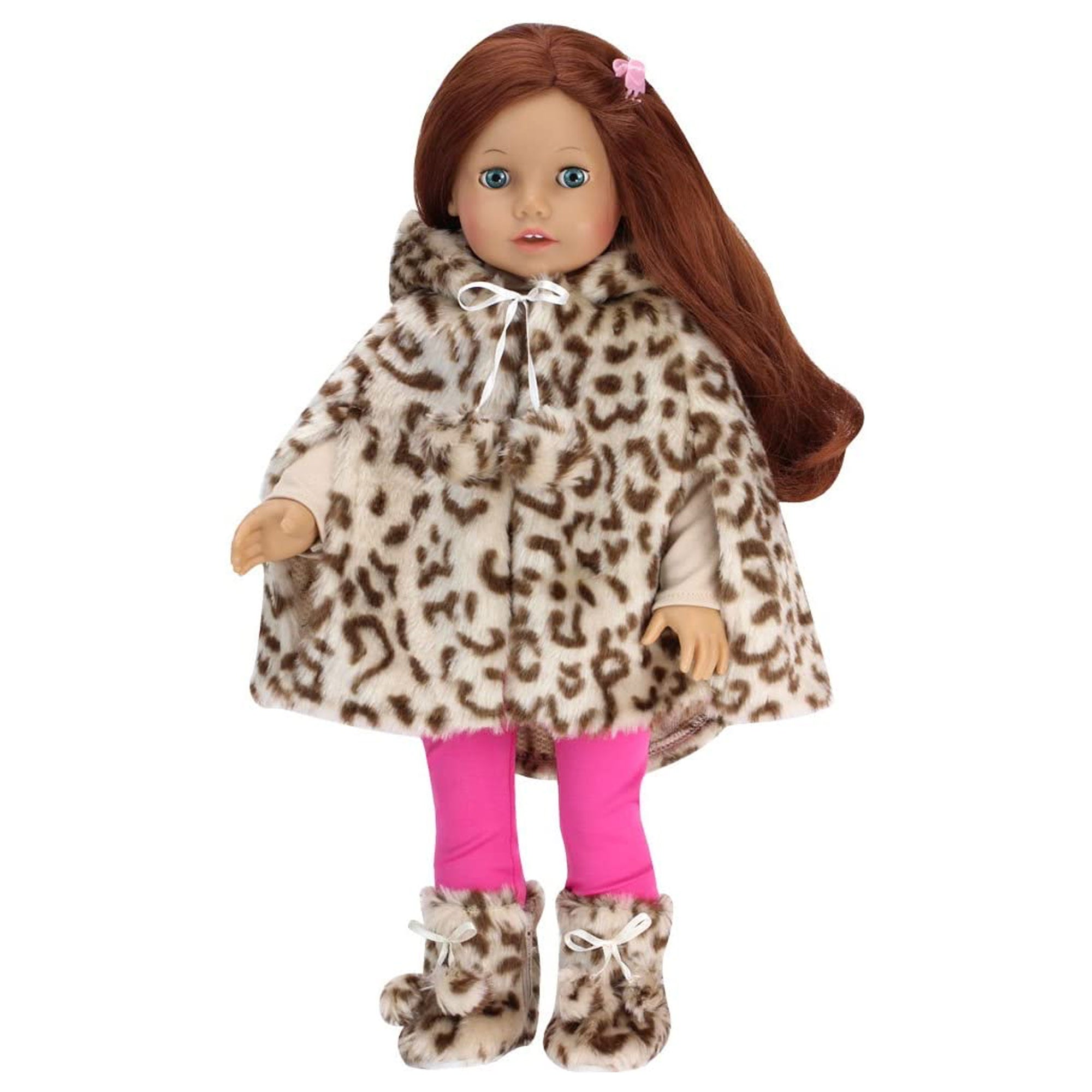 Sophia's 3 Piece Animal Print faux fur Cape, Boots and Leggings for 18" Dolls, Hot Pink/Tan