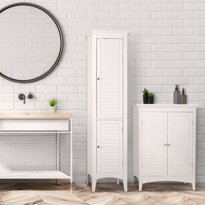 Modern bathroom interior with Teamson Home Glancy Wooden Tall Tower Cabinet with Storage, White and brick wall design.