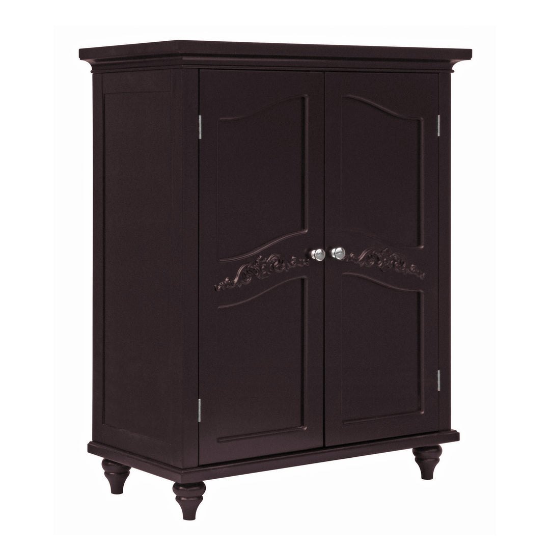 A side view of a Teamson Home Versailles Dark Espresso Floor Cabinet with ornate detailing