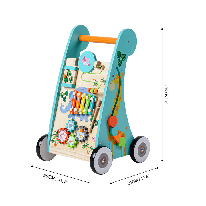 Teamson Kids Preschool Play Lab Wooden Baby Walker and Activity Station, Natural/Blue with educational activities and dimensions in inches and centimeters.