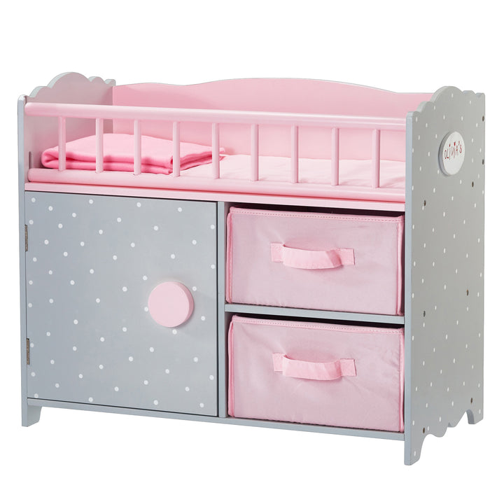 A grey and pink Olivia's Little World Polka Dots Princess Baby Doll Crib with Storage Closet and Drawers.