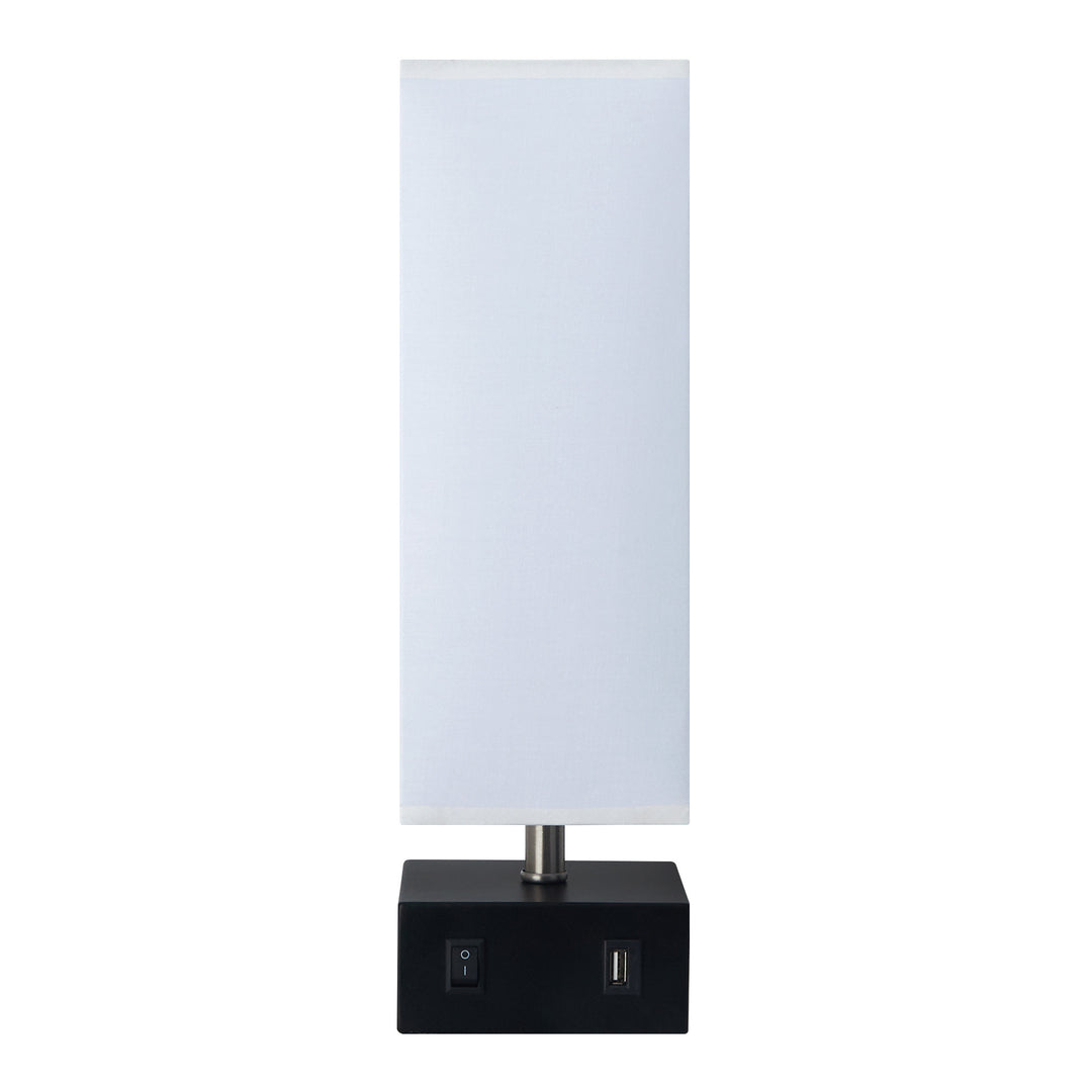 A Teamson Home Colette 14.5" Modern Metal Table Lamp with Square Shade and USB Port, Black/White with a white shade and a black base.