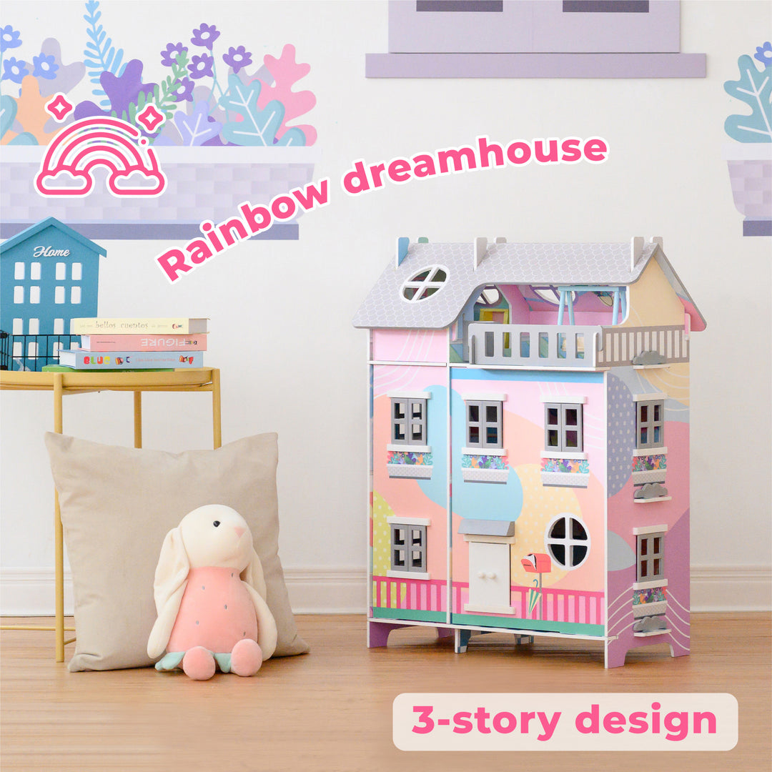A pastel dollhouse with a caption "rainbow dreamhouse" with a rainbow icon, and "3-story design".