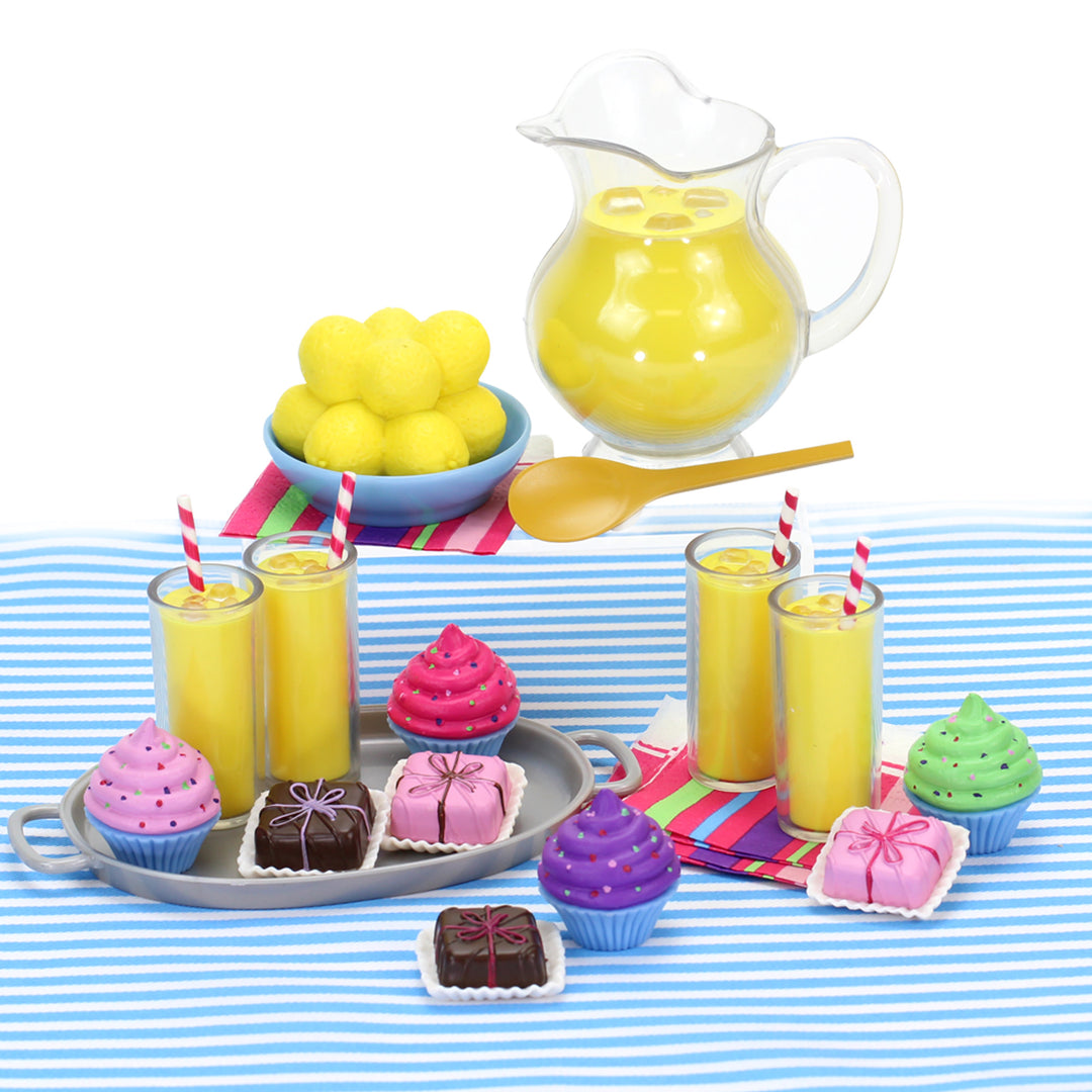 A set of four of lemonade, petit fours, and cupcakes for 18" dolls.