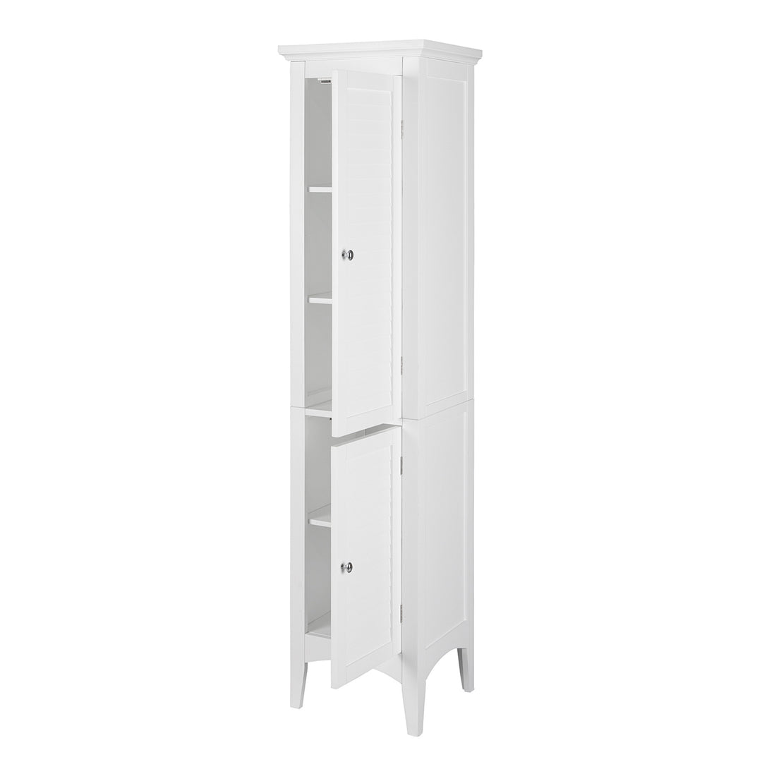 White high-quality Teamson Home Glancy Wooden Tall Tower Cabinet with Storage, with open upper shelves and closed lower doors.