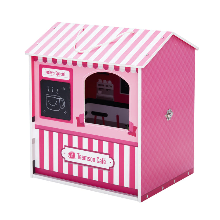 A Olivia's Little World Dreamland City Café Dollhouse, Pink with a pink and white striped roof and accessories.