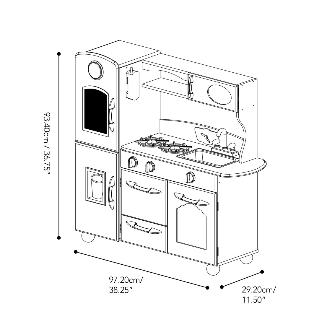 Illustrated assembly diagram of the Teamson Kids Little Chef Westchester Retro Kids Kitchen Playset, Ivory with dimensions, including interactive features.