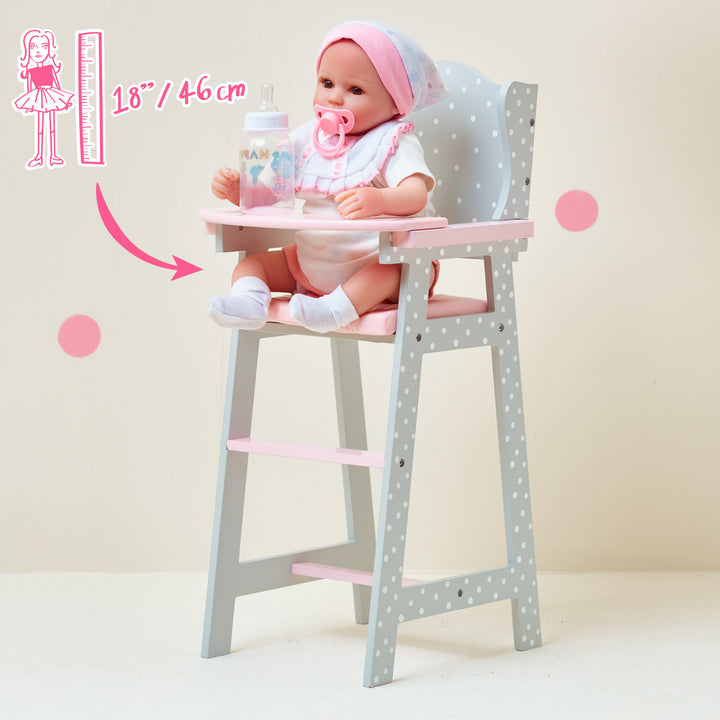 A graphic, 18" / 46 cm, next to the A pink and grey with white polka dots baby doll high chair with a baby doll in the seat.