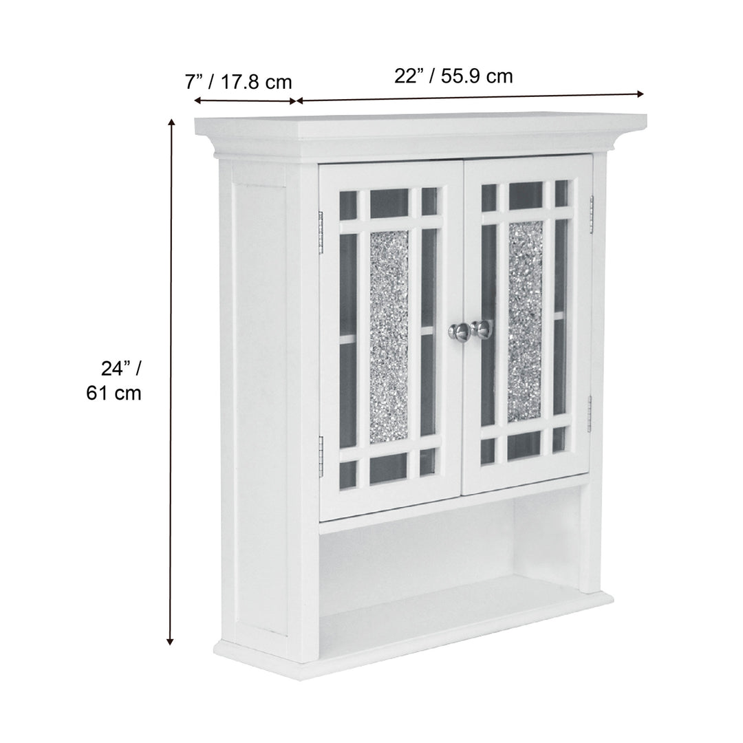 Dimensions in inches and centimeters of a Teamson Home White Windsor Removable Wall Cabinet with Glass Mosaic Doors