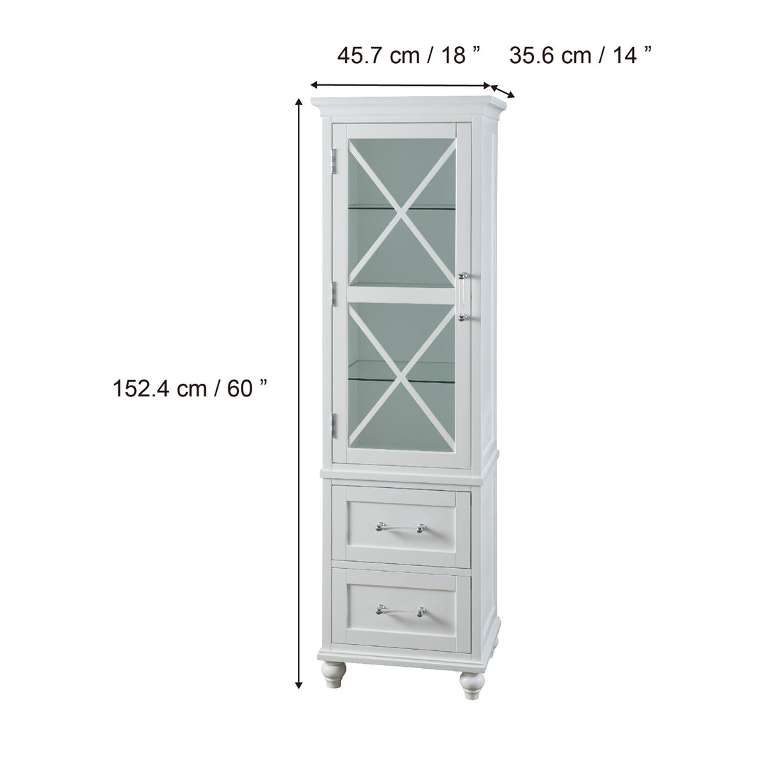 Teamson Home Blue Ridge Wooden Linen Tower Cabinet with Adjustable Shelves, White with glass doors and dimensions labeled: 152.4 cm / 60 inches in height, 45.7 cm / 18 inches in width, and 35.6 cm