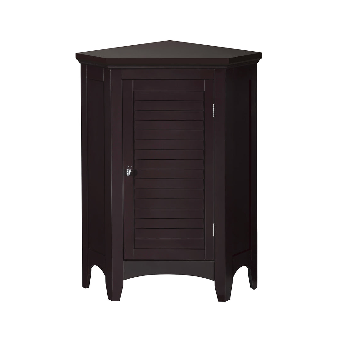 Dark Brown Glancy Corner Floor Cabinet with a louvered door and a chrome knob