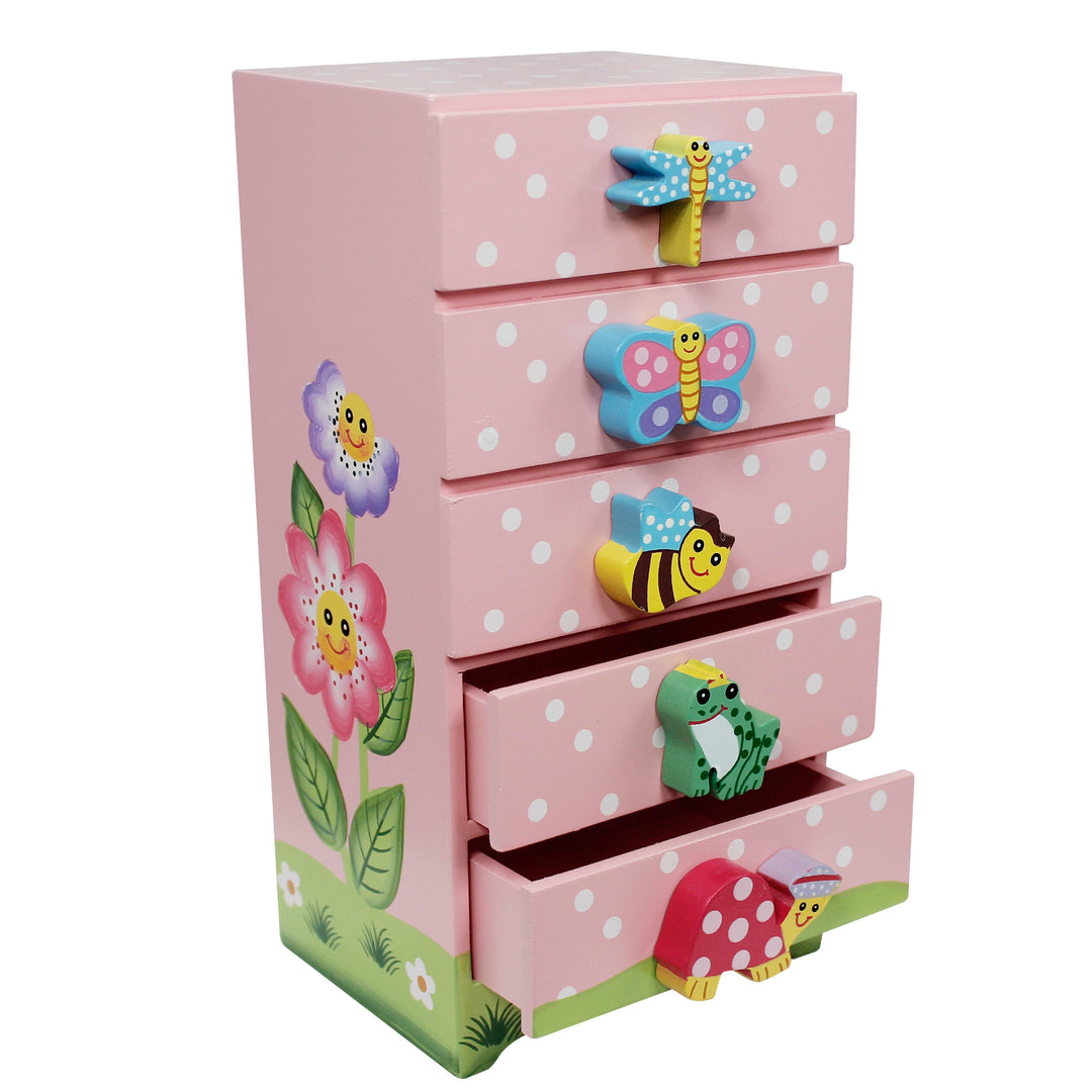 A Fantasy Fields Magic Garden Kids Wooden Trinket Chest, Pink adorned with butterflies, bees, and flowers on it.
