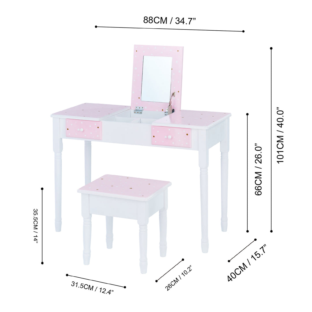 Dimensions in inches and centimeters of the pink and white Fantasy Fields Kids Kate Twinkle Star Vanity Set with Foldable Mirror and Chair.