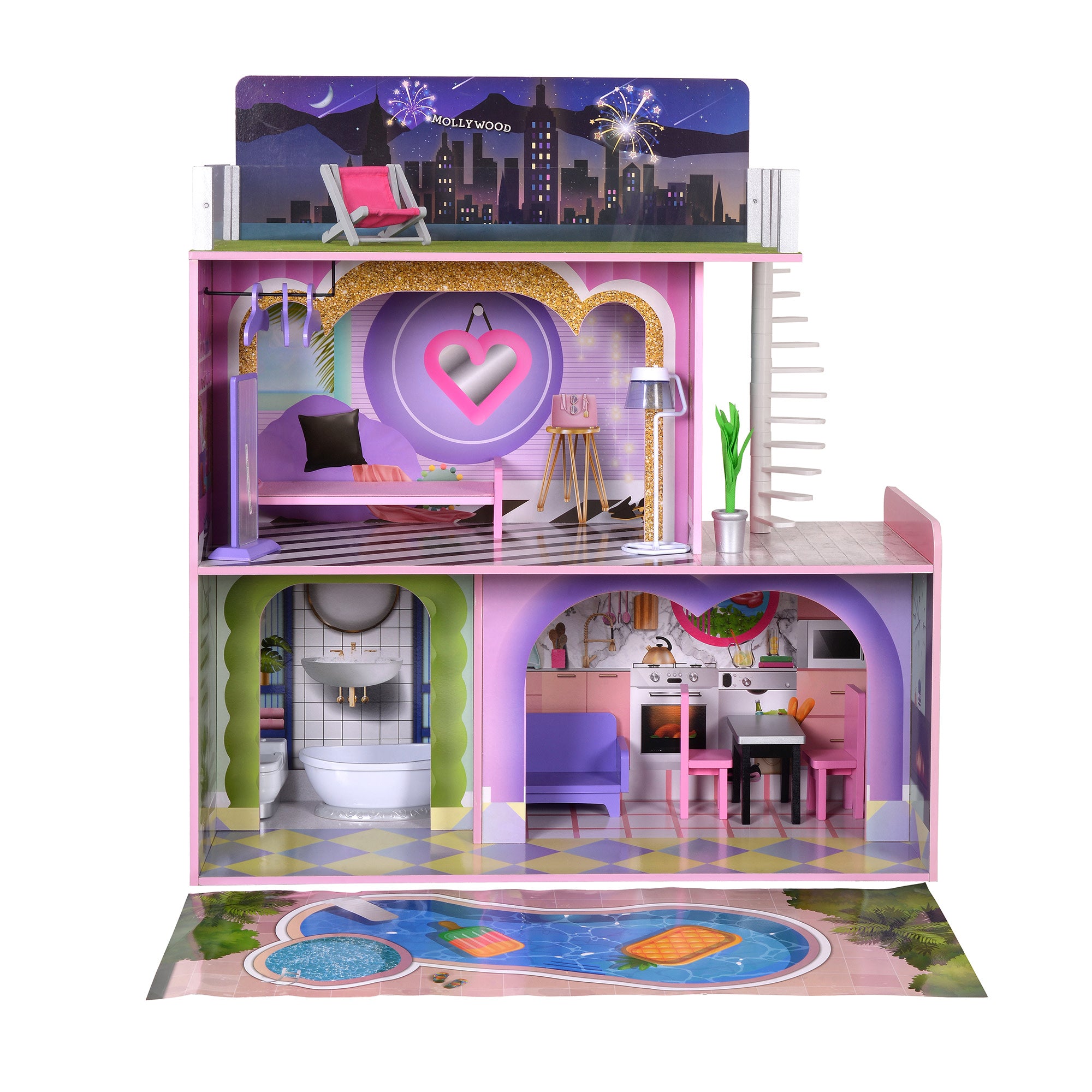 Olivia's Little World Kids Wooden Dreamland Sunset 3-Level Dollhouse Set