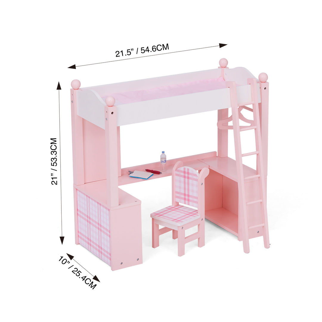 Dimensions in inches and centimeters for 18" doll loft bed with a desk, chair, and ladder in pink with pink plaid print.