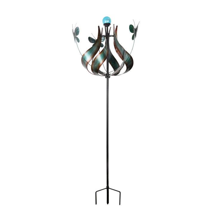 Teamson Home Outdoor Solar Tulip and Butterfly Kinetic Windmill Sculpture with butterfly accents and blue crystal light in the middle