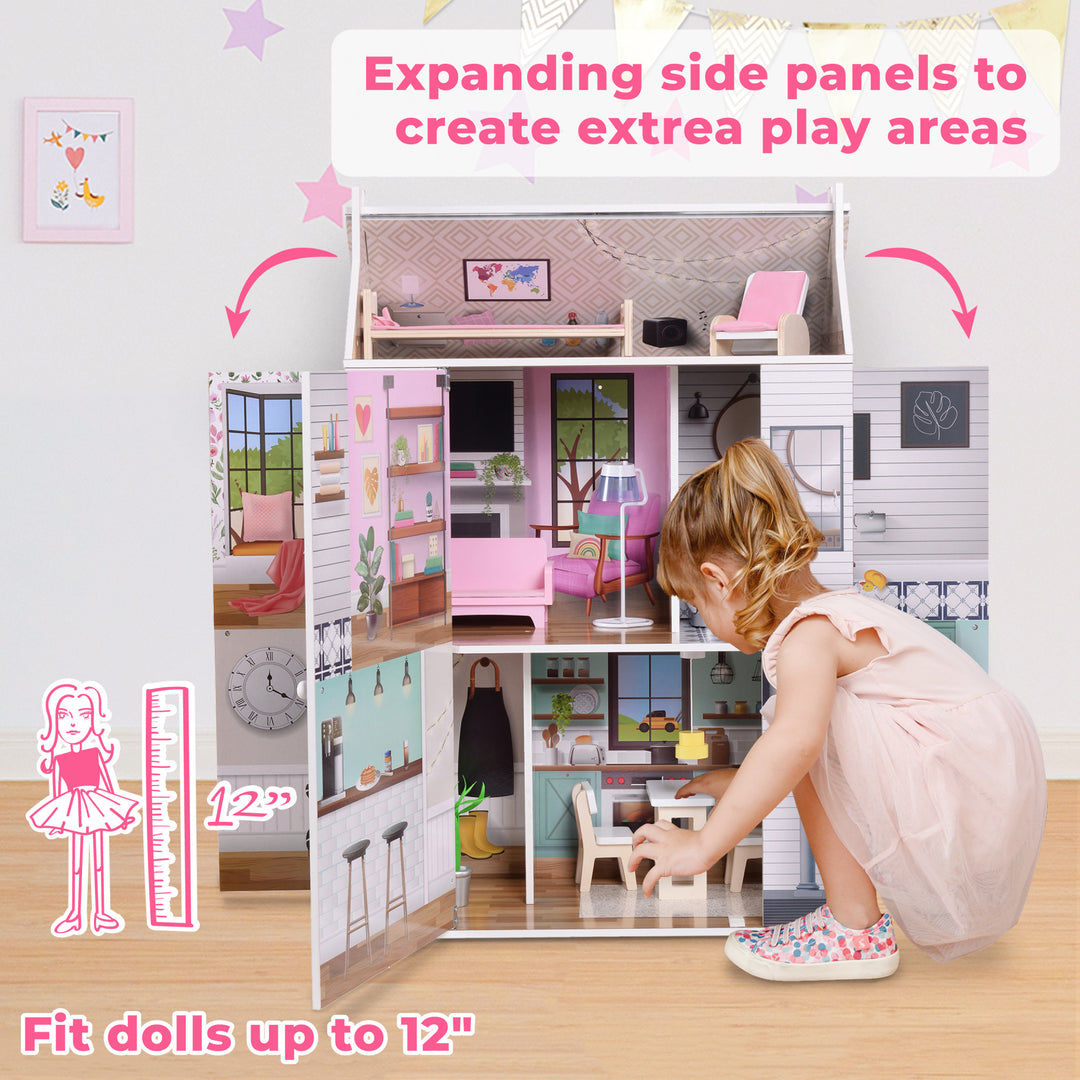 A little girl arranging furniture inside the house with the caption "Expanding side panels to create extra play areas" and "Fit dolls up to 12"