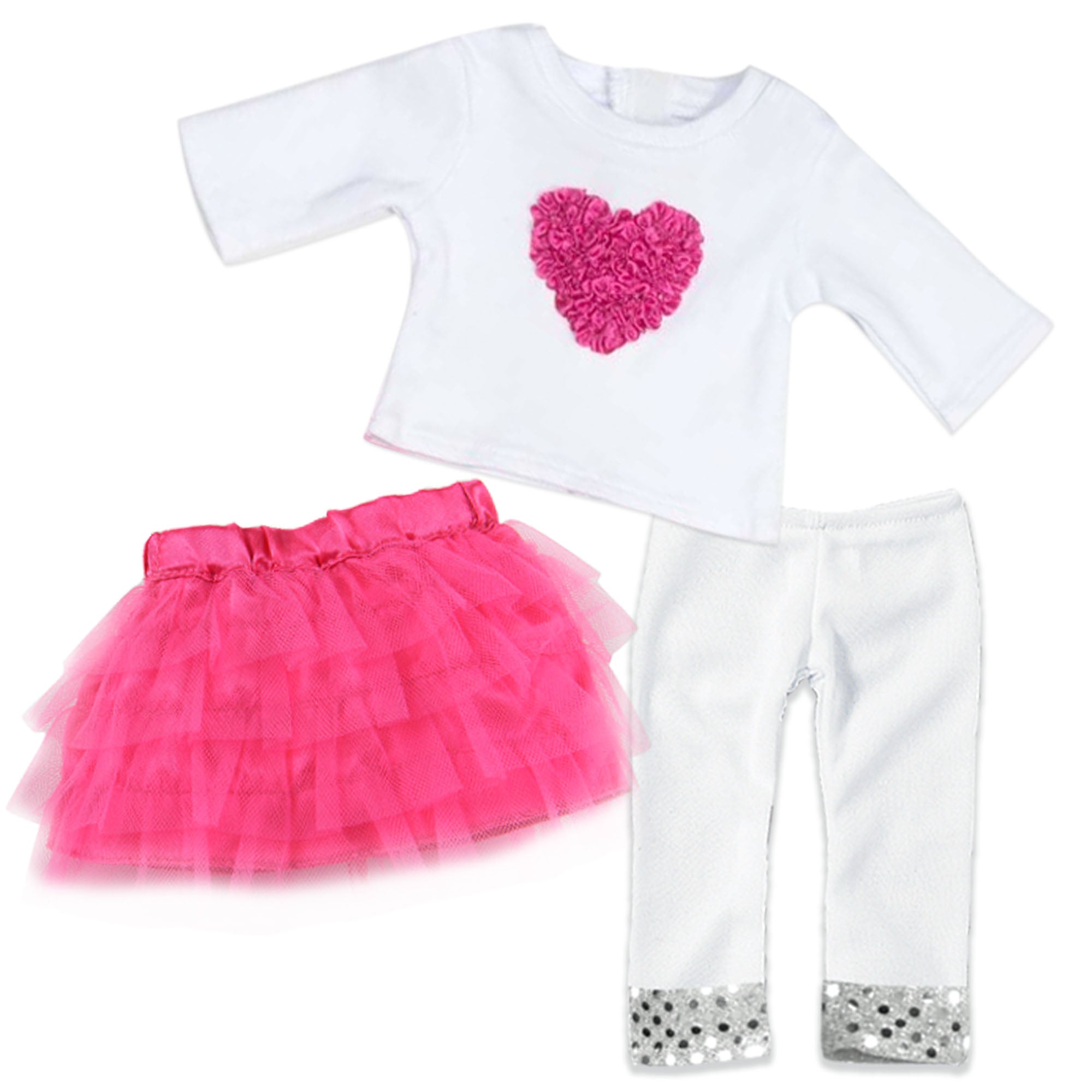 Sophia’s Long-Sleeved Heart Tee, Tutu Tulle Skirt, & Sequin-Trimmed Leggings Complete Outfit Set for 18” Dolls, Hot Pink/White
