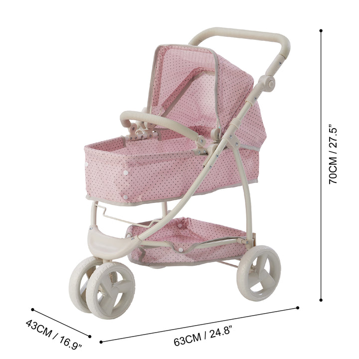 A pink and white Olivia's Little World Polka Dots Princess 2-in-1 Baby Doll stroller with adjustable handle's dimensions in inches and centimeters.