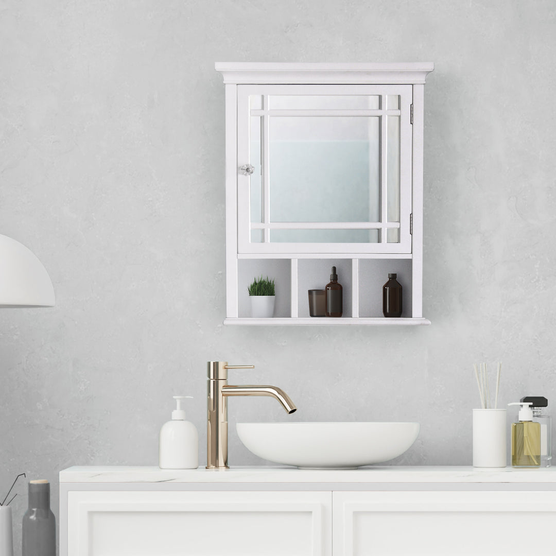 A modern bathroom sink with a White Teamson Home Neal Removable Mirrored Medicine Cabinet with open shelving, and minimalist decor.