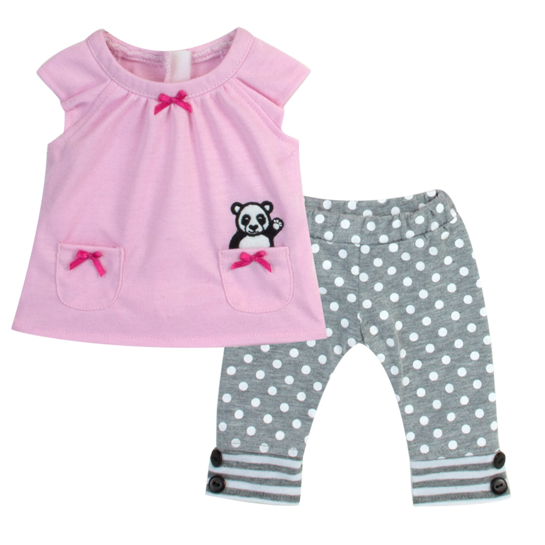 Sophia’s Two-Piece Panda Tunic & Gray Polka Dot Leggings Complete Outfit Set for 15” Baby Dolls, Light Pink