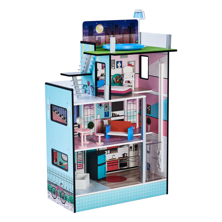 Olivia's Little World Dreamland Barcelona Dollhouse with 10 Accessories, Turquoise/Black with two floors, a balcony, fully illustrated inside and out.