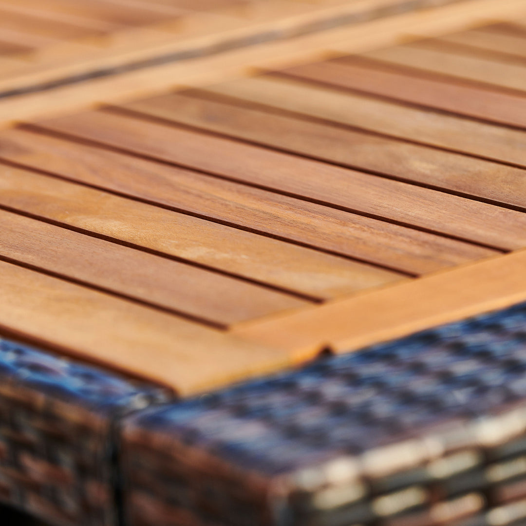 Close-up of the Acacia wood table top with slats to drain water away