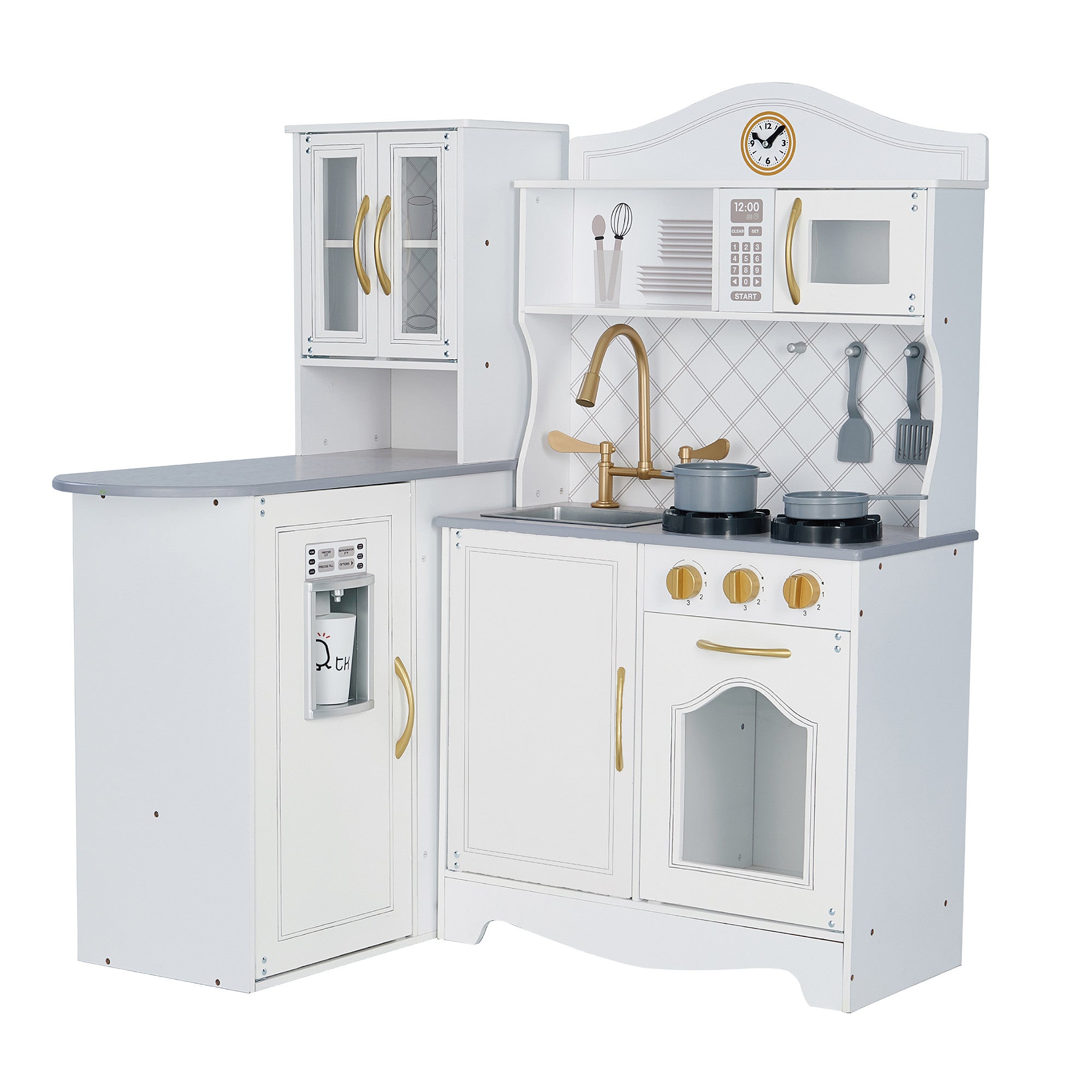 Large corner play kitchen for kids. White with grey countertops. L shape design with cabinets, microwave, sink, ice maker, oven and stovetop. 