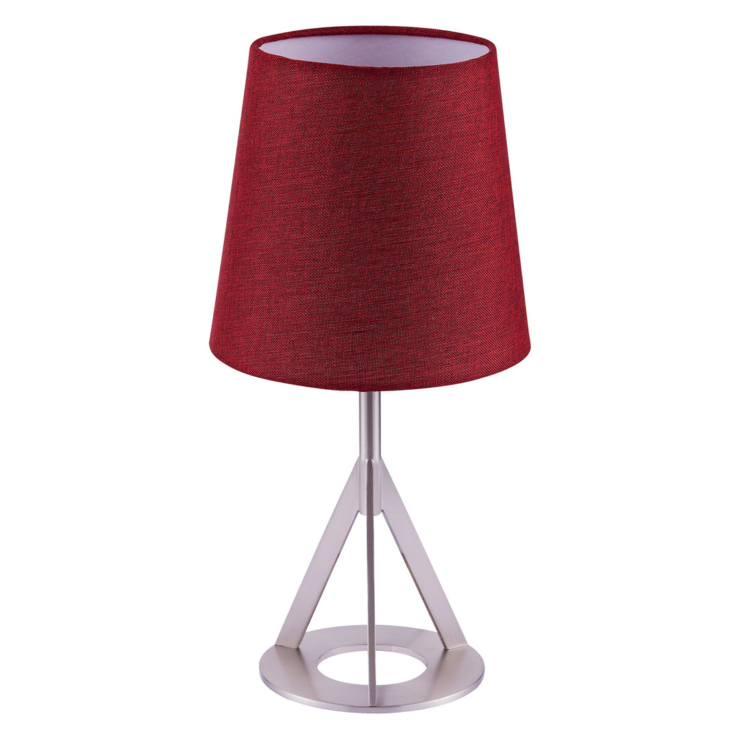 A Teamson Home Aria 15" Modern Table Lamp with Round Shade, Nickel/Red with a metal base.