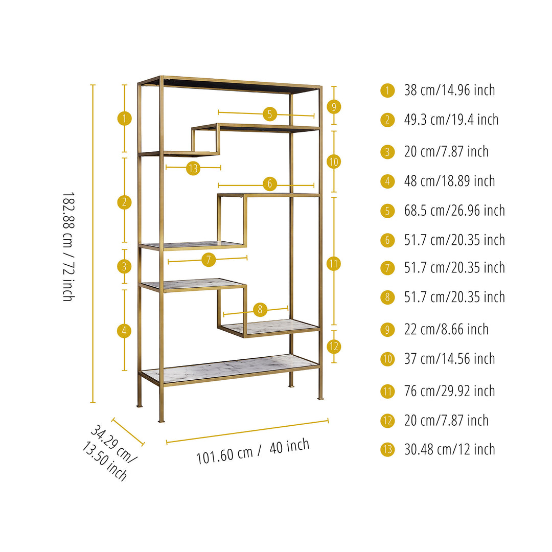 Detailed dimensions of the display shelf, listed in inches and centimeters.