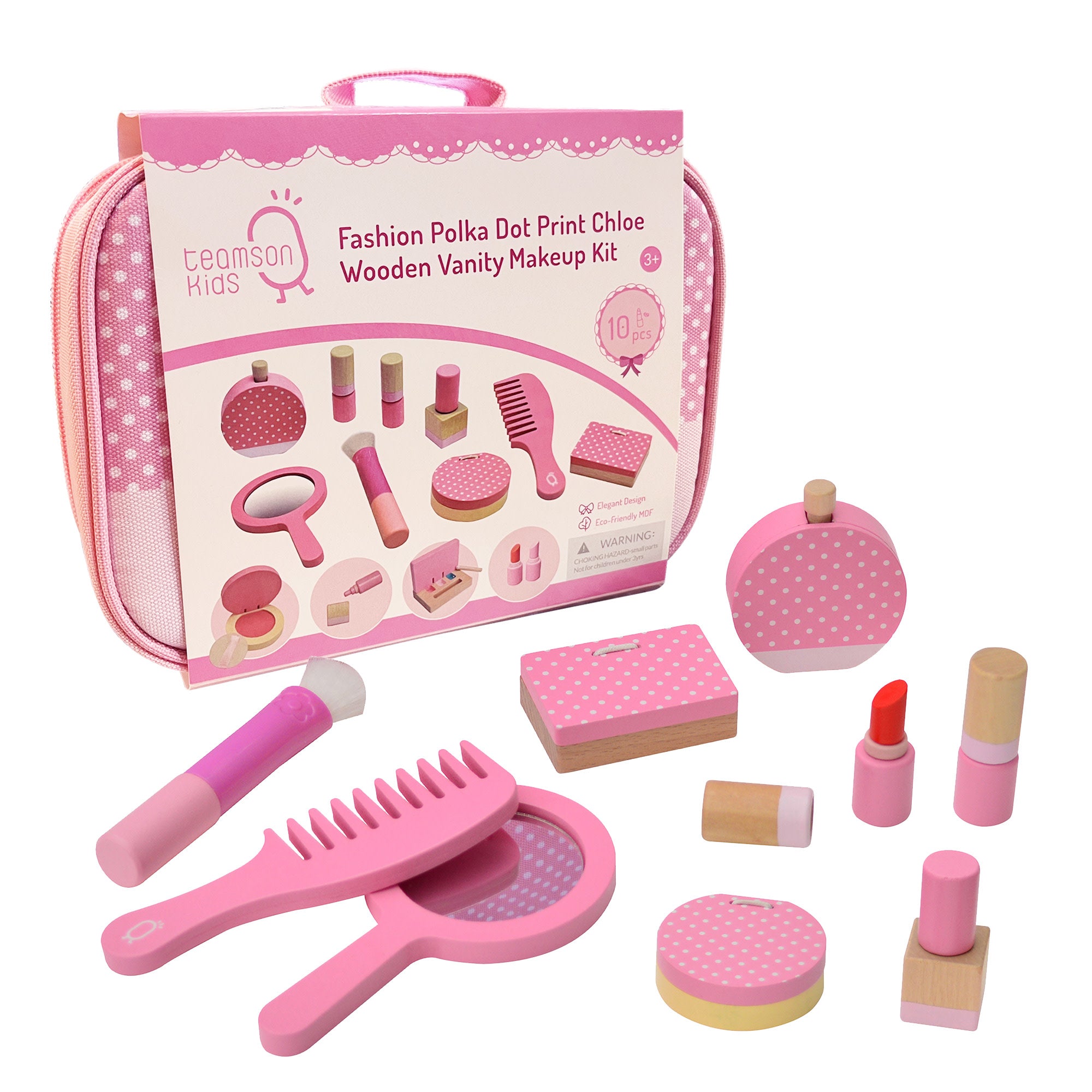 Teamson Kids Fashion Polka Dot Print Chloe Wooden Vanity Accessories Makeup Kit, Pink