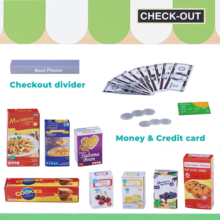 Image showing all the included accessories including play food, pretend money, credit card and checkout divider.