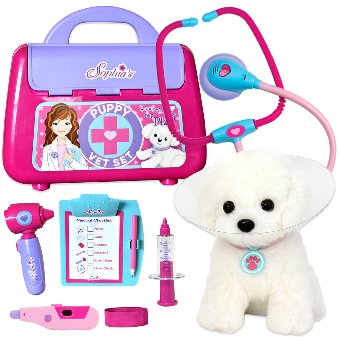 Sophia's Vet Set sized for children with a case, stethoscope, puppy, cone, otoscope, syringe, thermometer, band, clipboard, checklist and pencil.