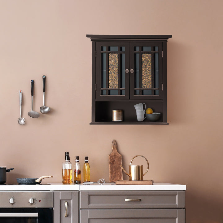 Teamson Home Dark Espresso Windsor Removable Wall Cabinet with Glass Mosaic Doors in a kitchen setting with dishes on the open shelf