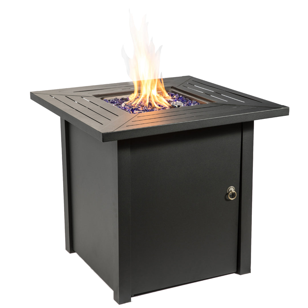 Teamson Home Outdoor Square 30" Propane Gas Fire Pit with Steel Base with blue glass rocks and open flame.