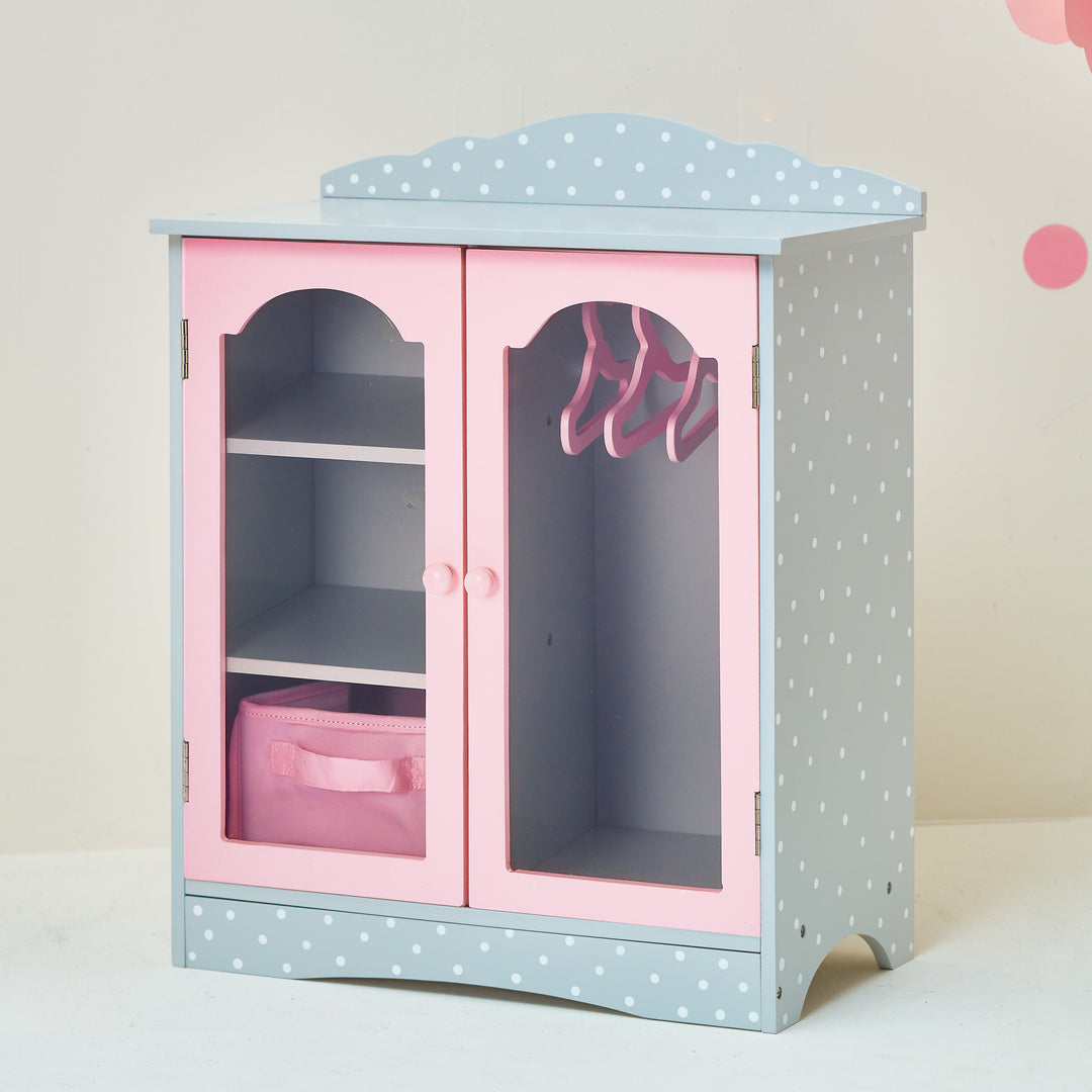 A pink and grey Olivia's Little World Polka Dots Princess Toy Closet with Hangers for 18" Dolls.