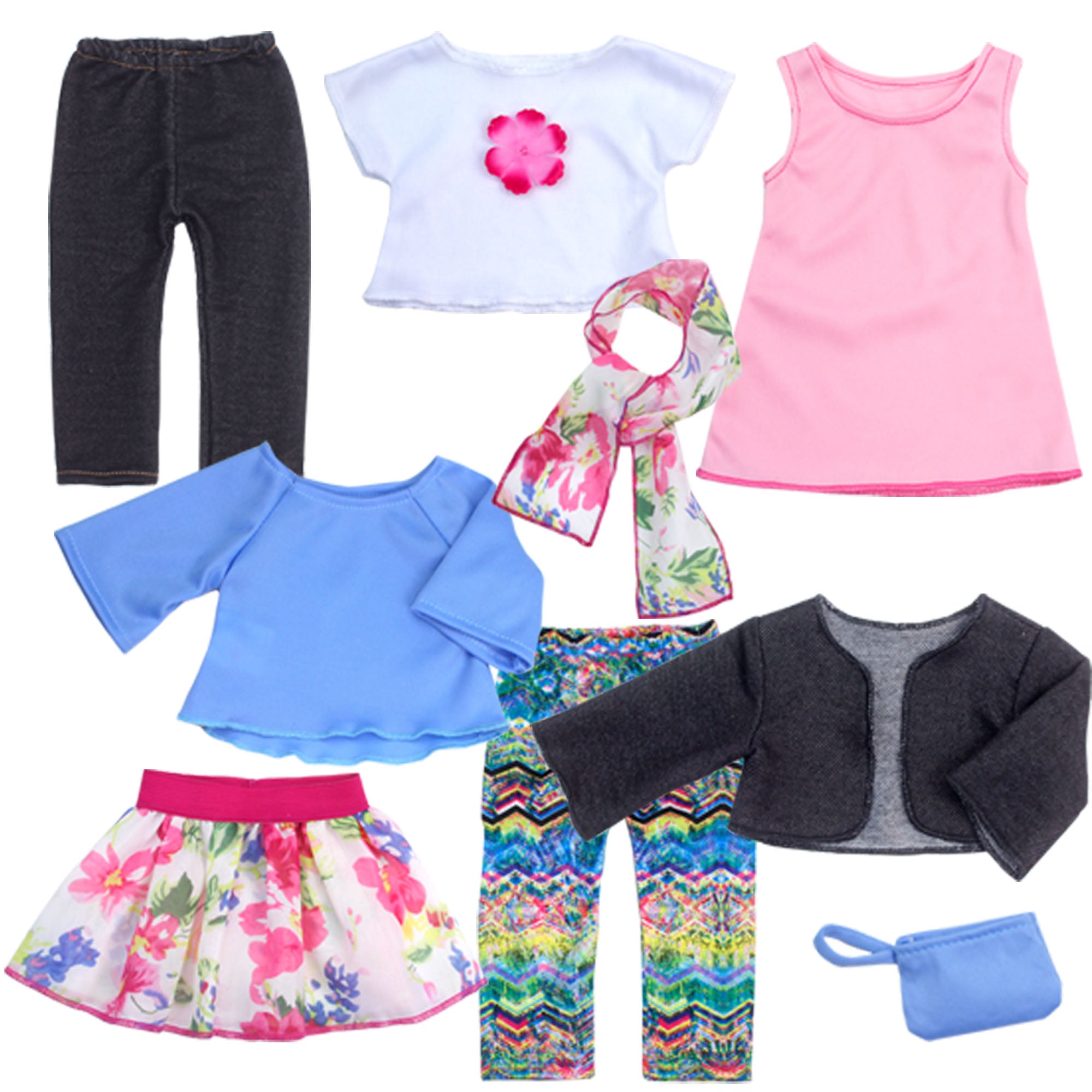 Sophia's 9 Piece Spring Wardrobe Mix and Match Set with Accessories for 18" Dolls, Pink/Blue