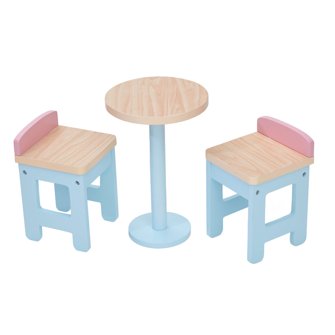 Olivia's Little World Modern Nordic Princess Roundtable and 2 Stools, Multicolor set with blue and pink chairs for 18-inch dolls.