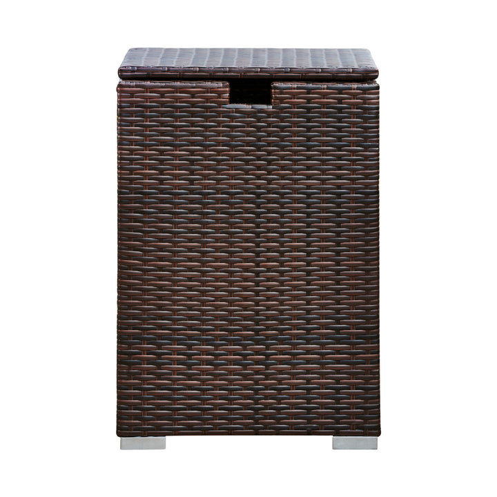 Teamson Home Gas Tank Wicker Cover Table for 20 lb Propane Tanks, Brown, with a view of the opening underneath the lid