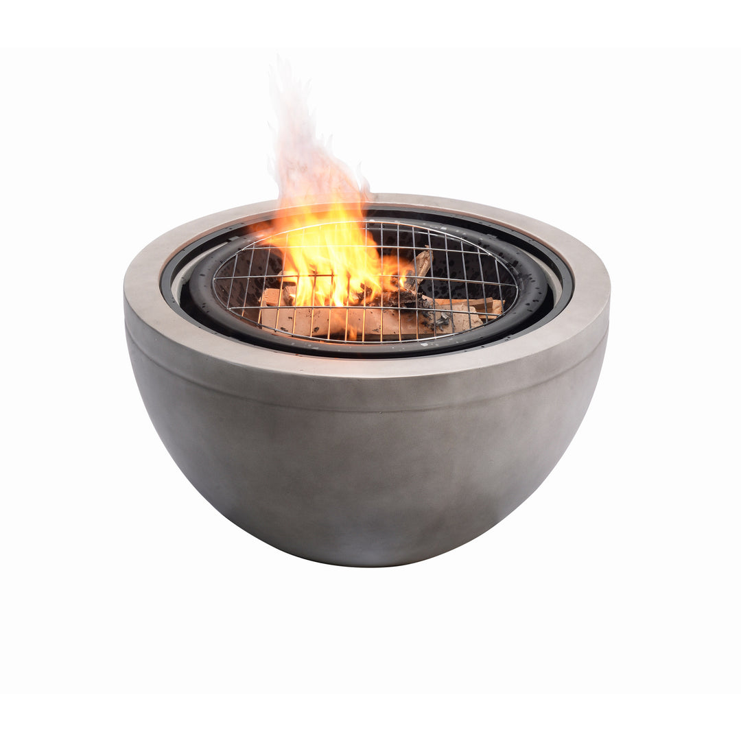 A Teamson Home 30" Outdoor Round Wood Burning Fire Pit with Faux Concrete Base, Gray with a visible flame, isolated on a white background, perfect for outdoor decor.