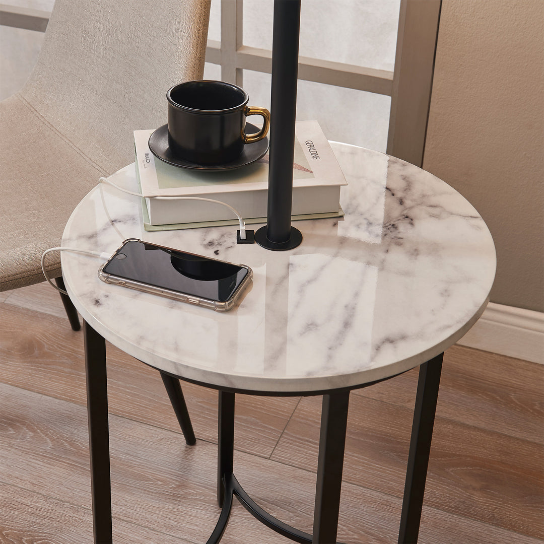A top view of the Teamson Home Shenna Floor Lamp with Faux White Marble Tray Table, Black