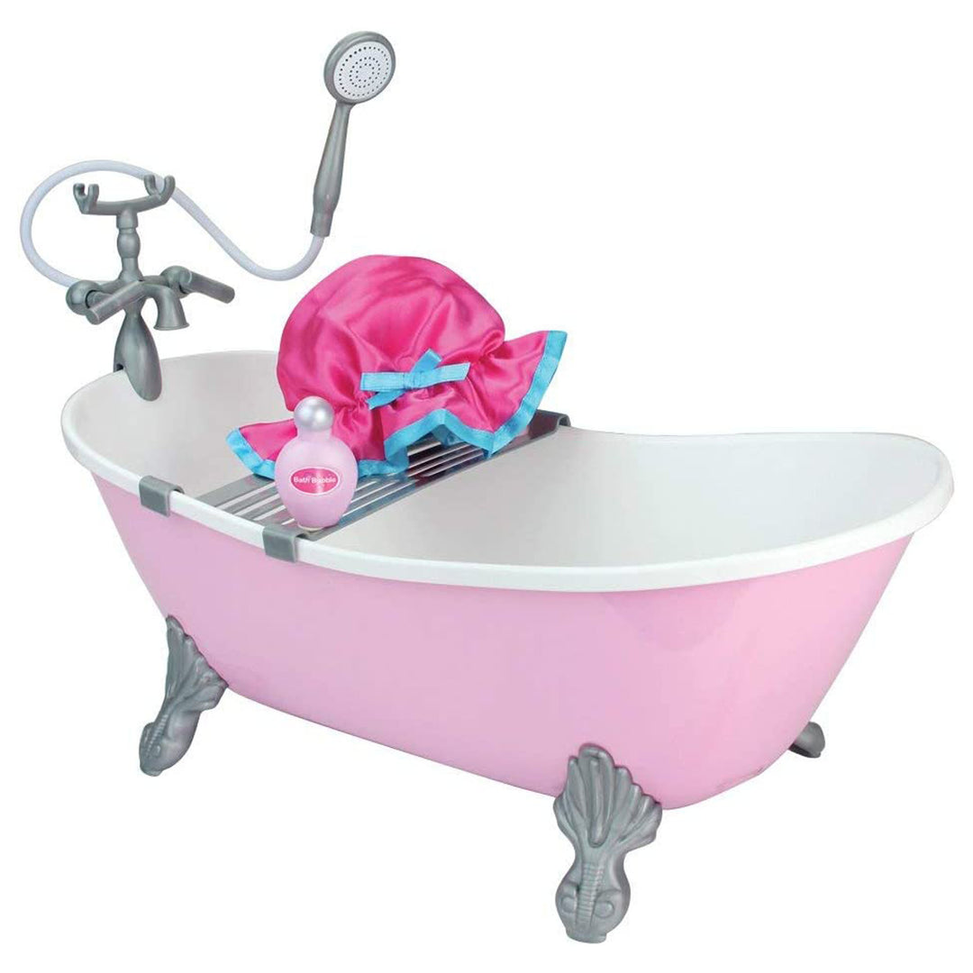 A Sophia's Pink Bathtub and Shower Accessories Set for 18" Dolls with a shower head, towel, and bath time accessories.